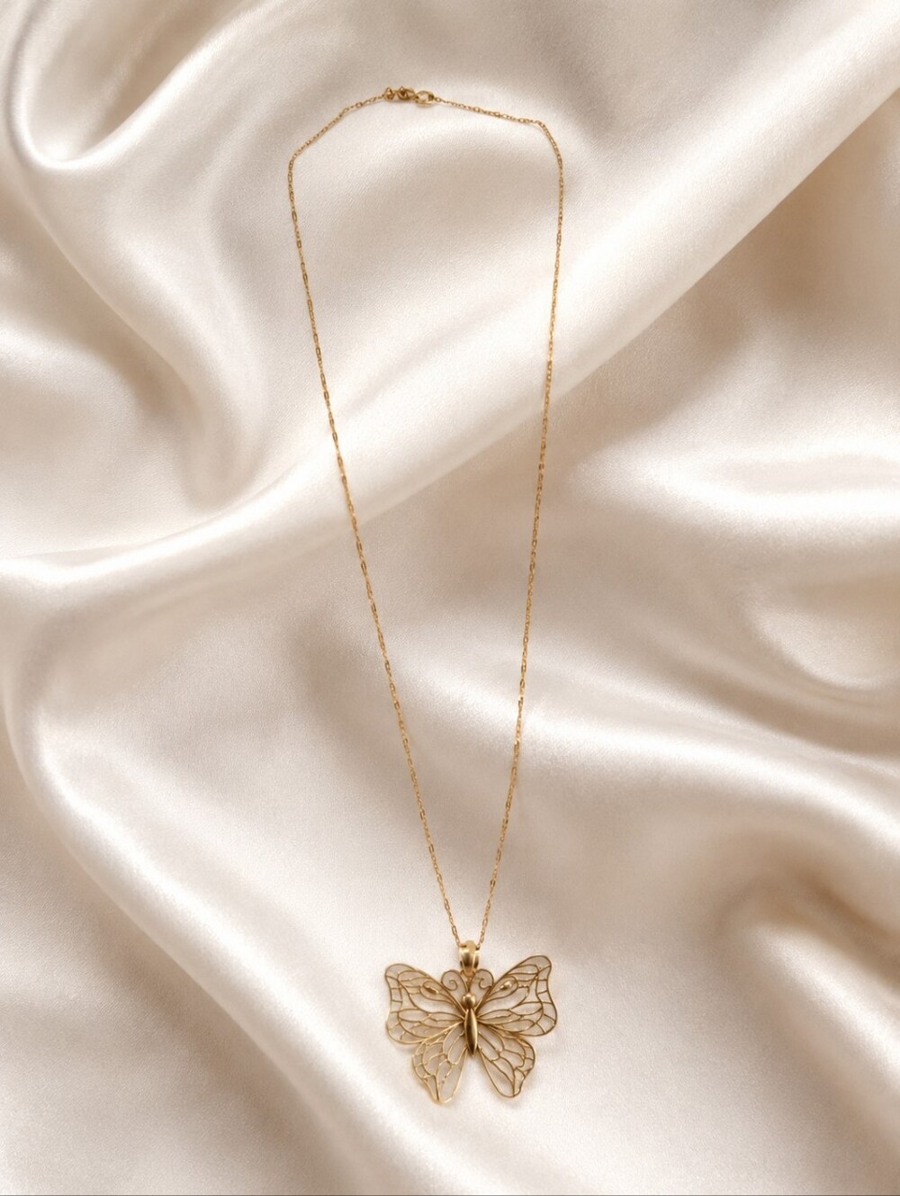 14K Gold Filigree Butterfly Pendant Necklace | 18" Chain | Delicate Openwork But